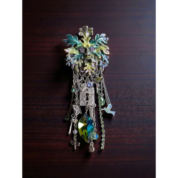 Kirk’s Folly Green Man Enamel & Crystal Dangle Brooch –4.6” Woodland Keyhole Cha - Picture 1 of 5